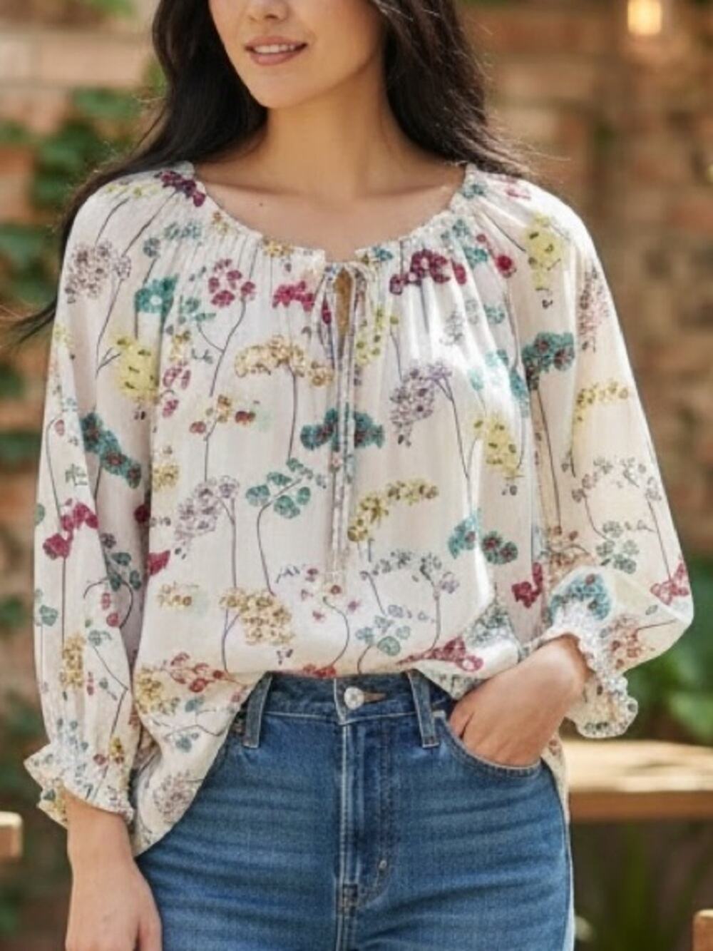 Talbots NWOT Floral Cottage Fairy Core Peasant Blouse Size LP Large petite